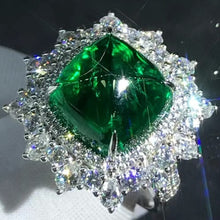 Load image into Gallery viewer, Green Starburst Big 7.2 Carat Rare Cabochon Cut Lab Grown Emerald Double Halo Pave Ring - 9K, 14K, 18K Solid Gold and 950 Platinum