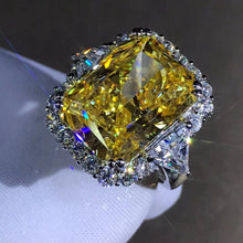 Load image into Gallery viewer, 10 Carat Radiant cut Moissanite Ring Rare Vivid Yellow VVS Halo Three Stone