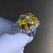 Load image into Gallery viewer, 10 Carat Radiant cut Moissanite Ring Rare Vivid Yellow VVS Halo Three Stone