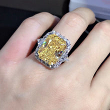 Load image into Gallery viewer, 10 Carat Radiant cut Moissanite Ring Rare Vivid Yellow VVS Halo Three Stone