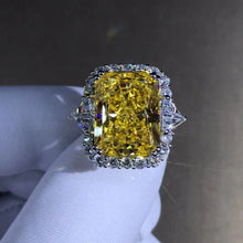 Load image into Gallery viewer, 10 Carat Radiant cut Moissanite Ring Rare Vivid Yellow VVS Halo Three Stone