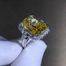 Load image into Gallery viewer, 10 Carat Radiant cut Moissanite Ring Rare Vivid Yellow VVS Halo Three Stone