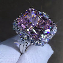Load image into Gallery viewer, 10 Carat Radiant Cut Pink Halo Three Stone VVS Moissanite Ring