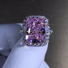Load image into Gallery viewer, 10 Carat Radiant Cut Pink Halo Three Stone VVS Moissanite Ring