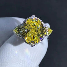 Load image into Gallery viewer, 5 Carat Oval Cut Moissanite Ring Vivid Yellow VVS Halo Three-stone
