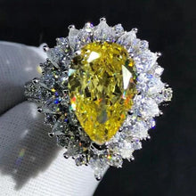 Load image into Gallery viewer, 4 Carat Pear Cut Moissanite Ring Vivid Yellow VVS Halo Starburst