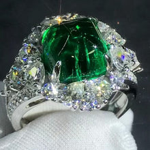 Load image into Gallery viewer, Eye Catching 4.1 Carat Cabochon Cut Lab Grown Emerald Pave Split Shank Halo Ring - 9K, 14K, 18K Solid Gold and 950 Platinum