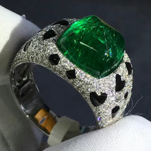 Load image into Gallery viewer, Cheetah Style Full Pave Band Bezel set Big 7.2 Carat Cabochon Cut Lab Grown Emerald Ring - 9K, 14K, 18K Solid Gold and 950 Platinum