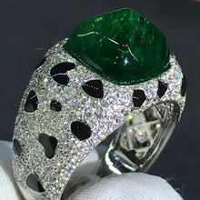 Load image into Gallery viewer, Cheetah Style Full Pave Band Bezel set Big 7.2 Carat Cabochon Cut Lab Grown Emerald Ring - 9K, 14K, 18K Solid Gold and 950 Platinum