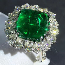 Load image into Gallery viewer, CHUNKY 8.6 Carat Cabochon Cut Lab Grown Emerald Pinched Starburst Kite set Ring - 9K, 14K, 18K Solid Gold and 950 Platinum