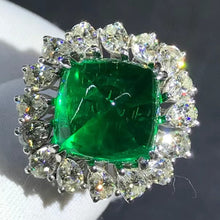 Load image into Gallery viewer, CHUNKY 8.6 Carat Cabochon Cut Lab Grown Emerald Pinched Starburst Kite set Ring - 9K, 14K, 18K Solid Gold and 950 Platinum