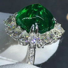 Load image into Gallery viewer, CHUNKY 8.6 Carat Cabochon Cut Lab Grown Emerald Pinched Starburst Kite set Ring - 9K, 14K, 18K Solid Gold and 950 Platinum