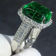 Load image into Gallery viewer, BOLD 7 Carat Big Cabochon Cut Lab Grown Emerald Ring - 4 Claw Halo Wide Band Pave 9K, 14K, 18K Solid Gold and 950 Platinum