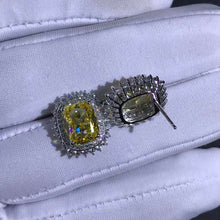 Load image into Gallery viewer, 3 Carat Yellow Cushion Cut Starburst Double Halo Moissanite Stud Earrings