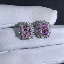 Load image into Gallery viewer, 3 Carat Pink Cushion Cut Starburst Double Halo Moissanite Stud Earrings
