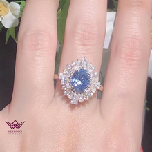 Load image into Gallery viewer, Oval Cut Blue Color Starburst Moissanite Ring and Band