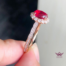 Load image into Gallery viewer, Red Oval Cut Halo VVS Lab Ruby Ring