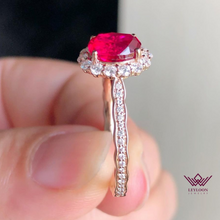 Load image into Gallery viewer, Red Oval Cut Halo VVS Lab Ruby Ring