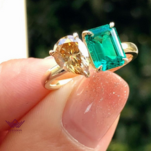 Load image into Gallery viewer, Two-Stone Deep Champagne Pear Cut Zambian Emerald Cut Ring