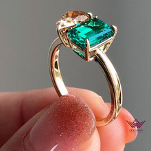 Load image into Gallery viewer, Two-Stone Deep Champagne Pear Cut Zambian Emerald Cut Ring
