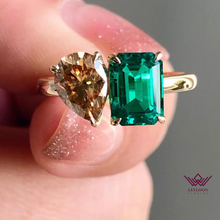 Load image into Gallery viewer, Two-Stone Deep Champagne Pear Cut Zambian Emerald Cut Ring
