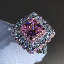 Load image into Gallery viewer, 4 Carat Pink Square Radiant Cut Two-tone Triple Halo Bead-set Moissanite Ring