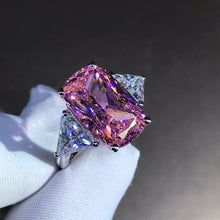 Load image into Gallery viewer, 8 Carat Pink Elongated Cushion Cut Three Stone Reverse Tapered Moissanite Ring