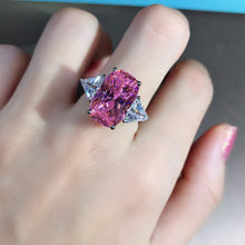 Load image into Gallery viewer, 8 Carat Pink Elongated Cushion Cut Three Stone Reverse Tapered Moissanite Ring