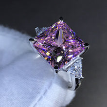 Load image into Gallery viewer, 6 Carat Pink Square Radiant Cut 4 Claw Three Stone Cathedral Moissanite Ring