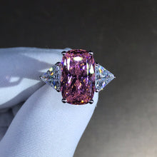 Load image into Gallery viewer, 8 Carat Pink Elongated Cushion Cut Three Stone Reverse Tapered Moissanite Ring