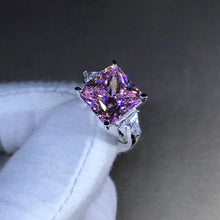 Load image into Gallery viewer, 6 Carat Pink Square Radiant Cut 4 Claw Three Stone Cathedral Moissanite Ring