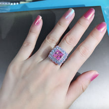 Load image into Gallery viewer, 4 Carat Pink Square Radiant Cut Two-tone Triple Halo Bead-set Moissanite Ring