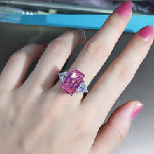 Load image into Gallery viewer, 8 Carat Pink Elongated Cushion Cut Three Stone Reverse Tapered Moissanite Ring