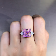 Load image into Gallery viewer, 6 Carat Pink Square Radiant Cut 4 Claw Three Stone Cathedral Moissanite Ring