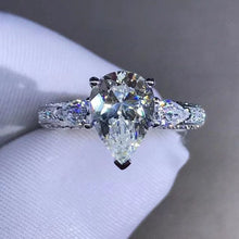 Load image into Gallery viewer, 2 Carat Pear Cut Moissanite Ring Three Stones Basket Bead-set VVS K-M Colorless