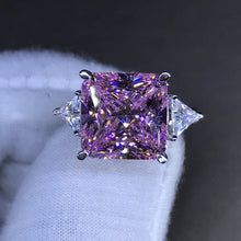Load image into Gallery viewer, 6 Carat Pink Square Radiant Cut 4 Claw Three Stone Cathedral Moissanite Ring