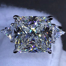Load image into Gallery viewer, 6 Carat Pink Square Radiant Cut 4 Claw Three Stone Cathedral Moissanite Ring