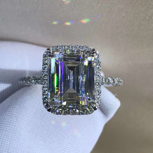 Load image into Gallery viewer, 3 Carat Emerald Cut Moissanite Ring Halo French Pave VVS K-M Colorless