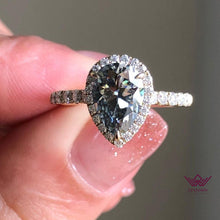 Load image into Gallery viewer, Pear Cut Halo French Pave Moissanite Ring Gray Color