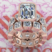 Load image into Gallery viewer, 15.5 CTW Medium Emerald Cut Two-Piece Bridal D Color Bezel Moissanite Set