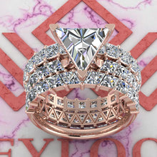 Load image into Gallery viewer, 9.6 CTW Triangle Cut Three-Piece Bridal D Color Basket Moissanite Set