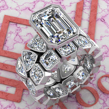 Load image into Gallery viewer, 15.5 CTW Medium Emerald Cut Two-Piece Bridal D Color Bezel Moissanite Set