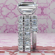Load image into Gallery viewer, 14.7 CTW Medium Emerald Cut Three-Piece Bridal D Color Basket Moissanite Set