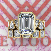 Load image into Gallery viewer, 15.5 CTW Medium Emerald Cut Two-Piece Bridal D Color Bezel Moissanite Set